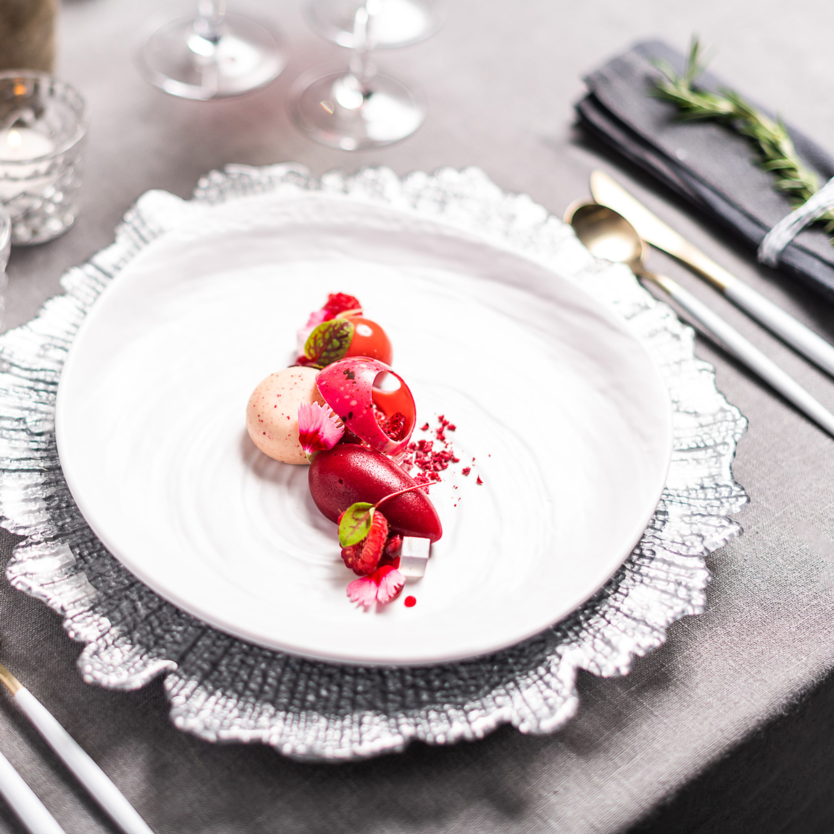Raspberry mousse dessert with whipped jasmine granache