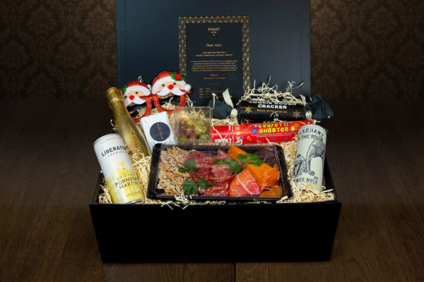 virtual party food box featuring grazing cheese and charcuterie, drinks, novelties and more