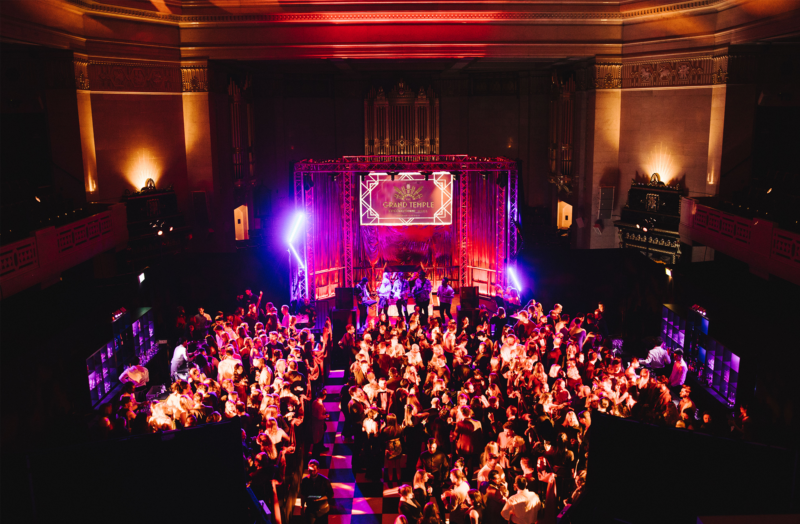 Overhead picture of a party at The Grand Temple, Freemasons Hall