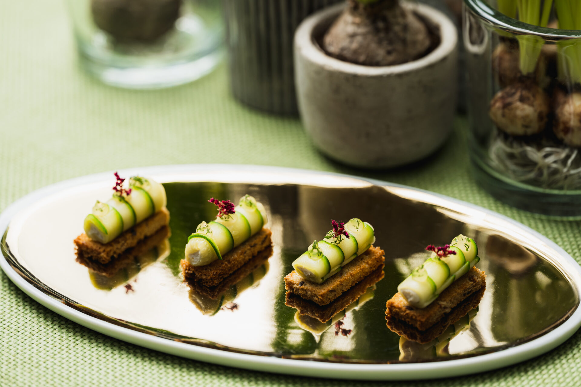 Courgette cannelloni, cashew curd, multigrain croute canape